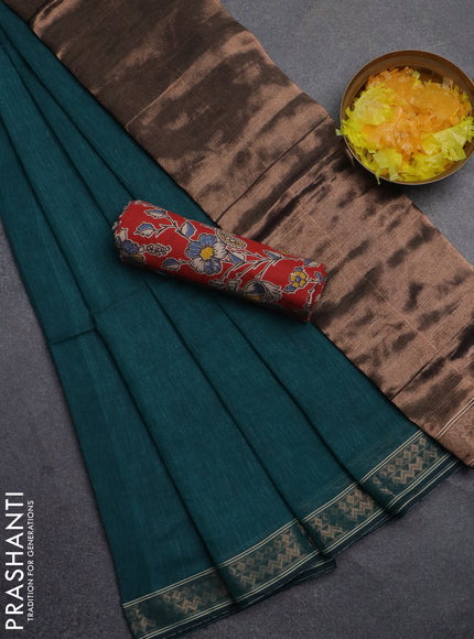 Bengal soft cotton saree teal green and red with plain body and zari woven border