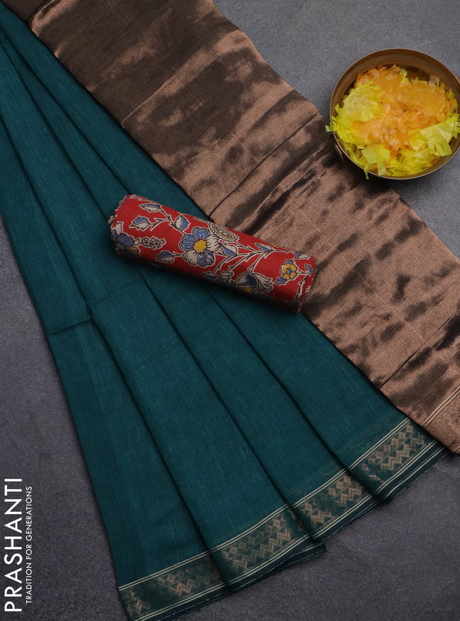 Bengal soft cotton saree teal green and red with plain body and zari woven border