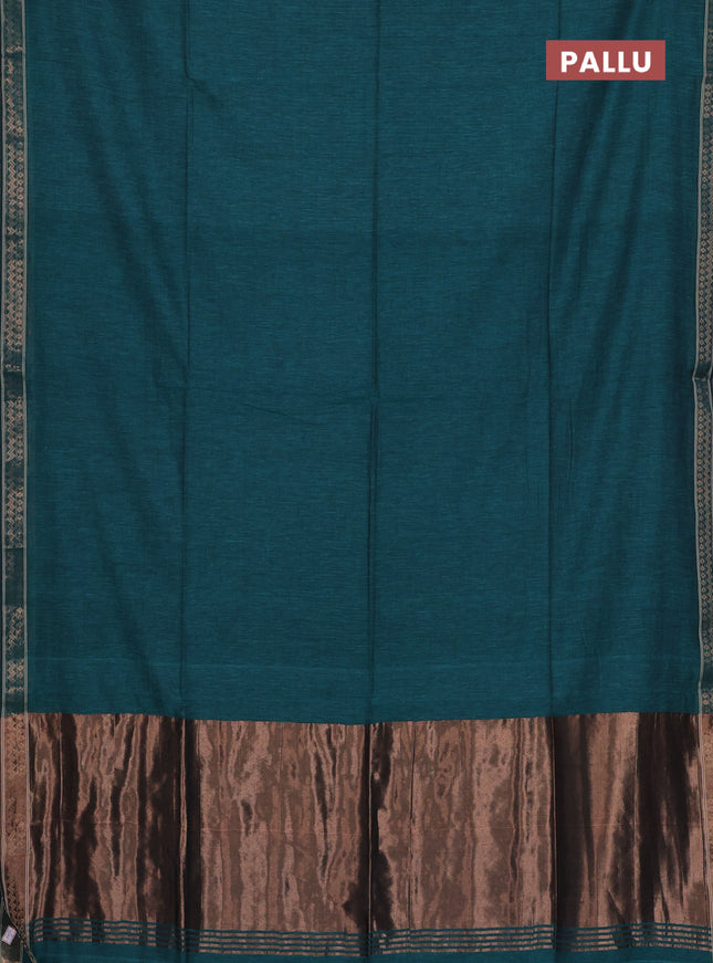 Bengal soft cotton saree teal green and red with plain body and zari woven border