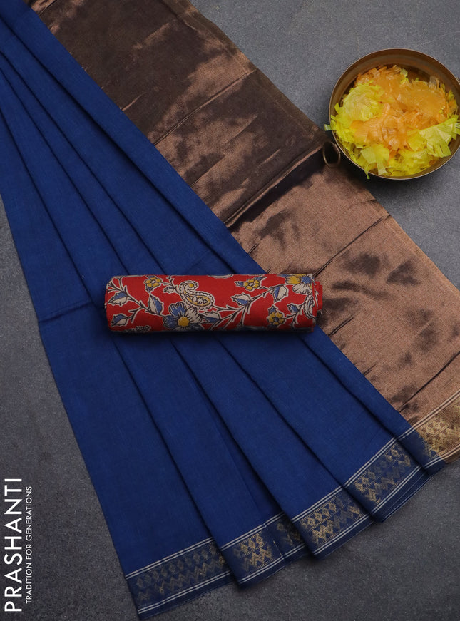 Bengal soft cotton saree blue and red with plain body and zari woven border