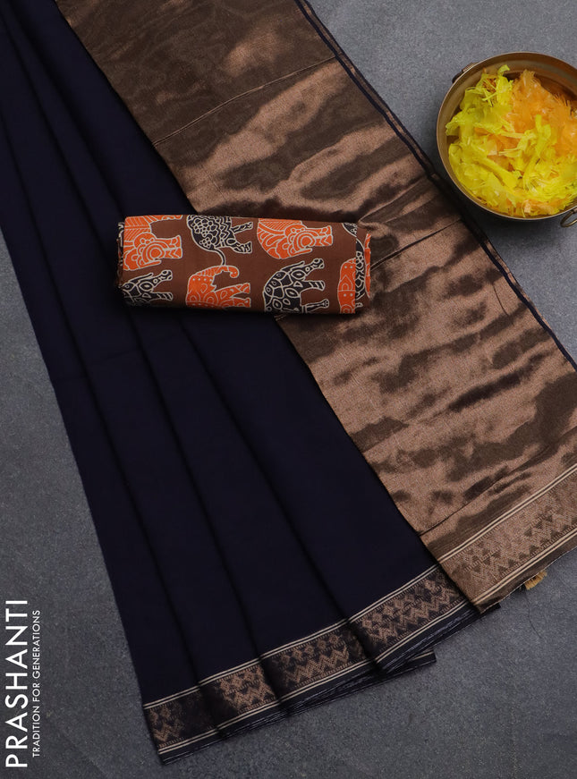 Bengal soft cotton saree navy blue and brown with plain body and zari woven border