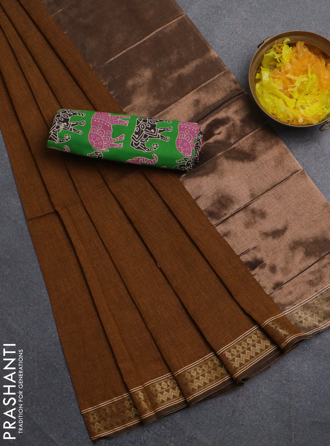 Bengal soft cotton saree dark mustard and green with plain body and zari woven border