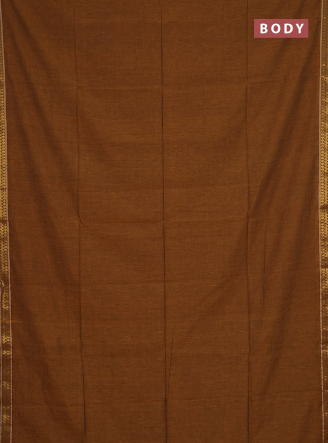 Bengal soft cotton saree dark mustard and green with plain body and zari woven border