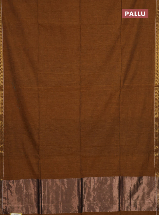 Bengal soft cotton saree dark mustard and green with plain body and zari woven border