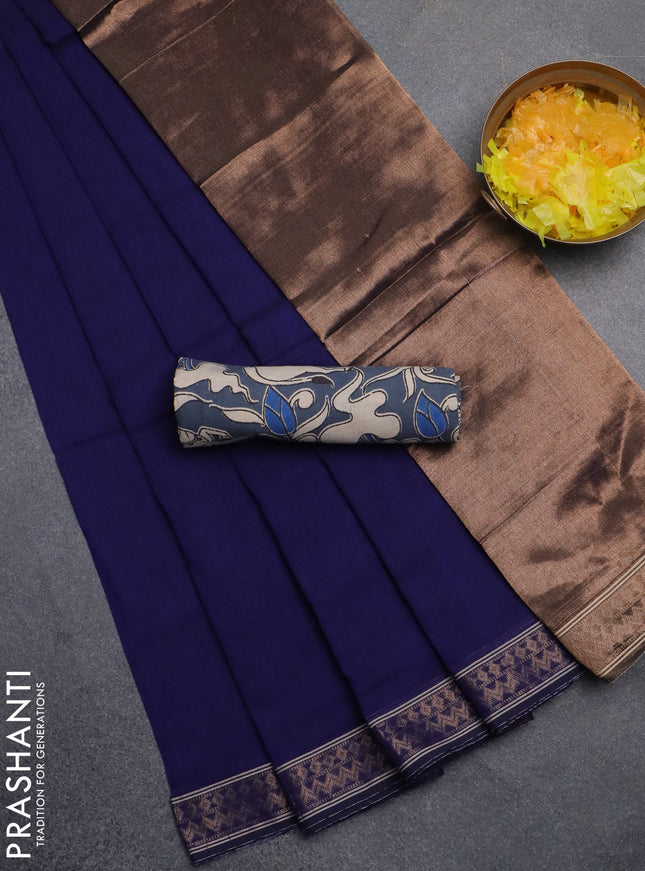 Bengal soft cotton saree blue and bluish grey with plain body and zari woven border