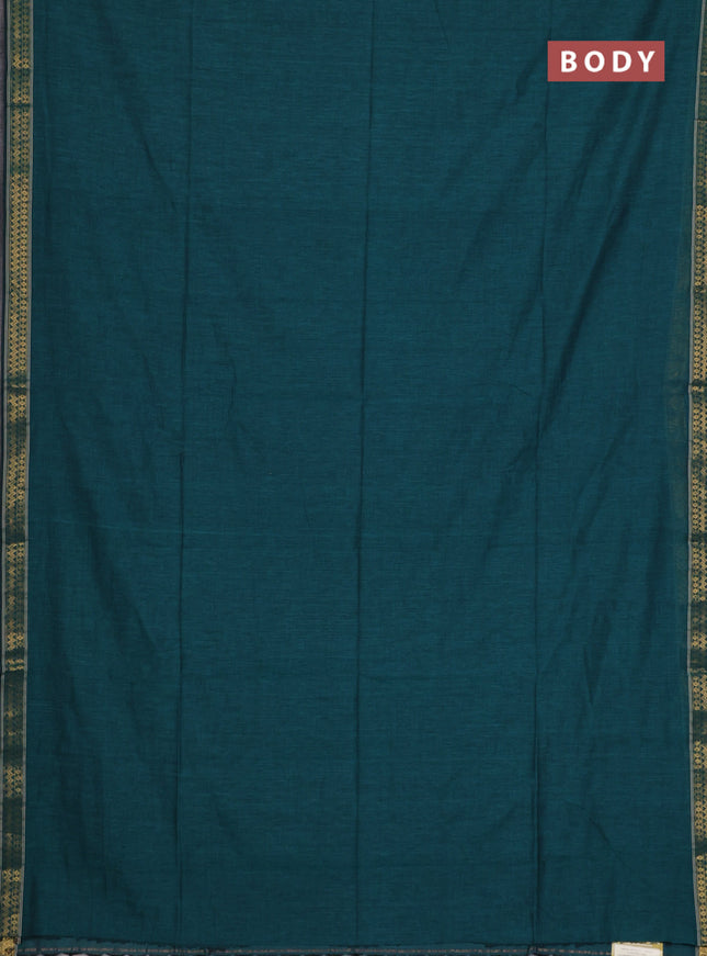 Bengal soft cotton saree teal green and red with plain body and zari woven border