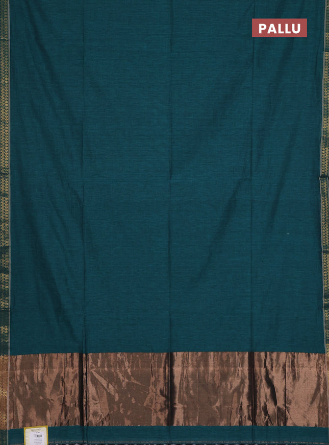 Bengal soft cotton saree teal green and red with plain body and zari woven border