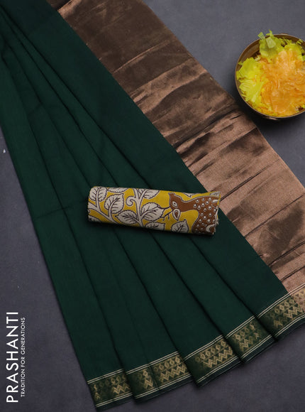 Bengal soft cotton saree green and yellow with plain body and zari woven border