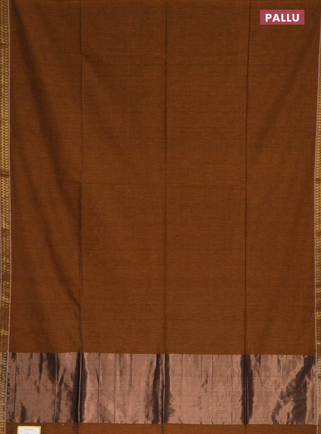 Bengal soft cotton saree dark mustard and blue with plain body and zari woven border