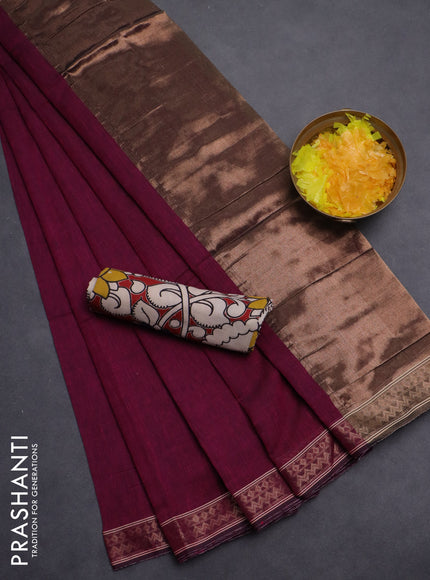 Bengal soft cotton saree dark magenta pink and maroon with plain body and zari woven border