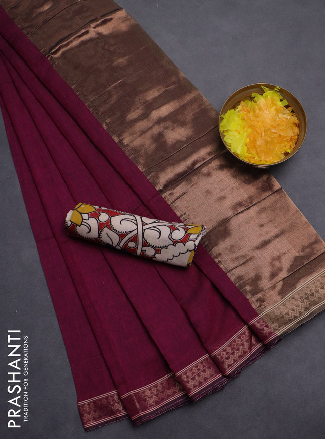 Bengal soft cotton saree dark magenta pink and maroon with plain body and zari woven border