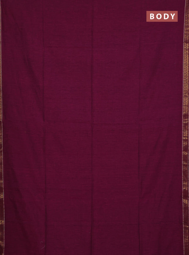 Bengal soft cotton saree dark magenta pink and blue with plain body and zari woven border