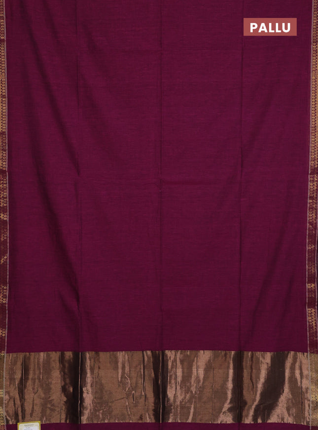 Bengal soft cotton saree dark magenta pink and blue with plain body and zari woven border