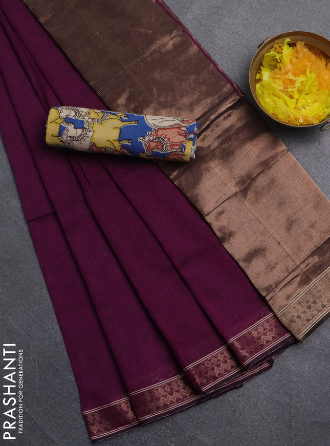 Bengal soft cotton saree purple and blue with plain body and zari woven border