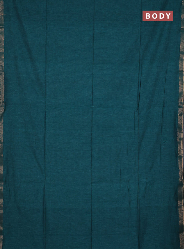 Bengal soft cotton saree peacock green and maroon with plain body and zari woven border