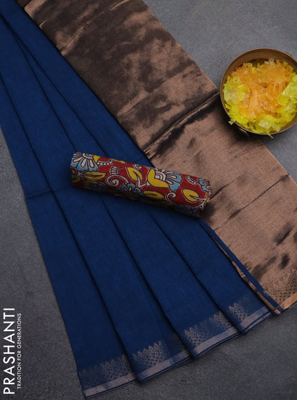 Bengal soft cotton saree peacock blue and maroon with plain body and zari woven border