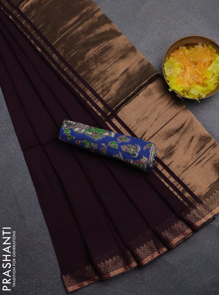 Bengal soft cotton saree wine shade and blue with plain body and zari woven border