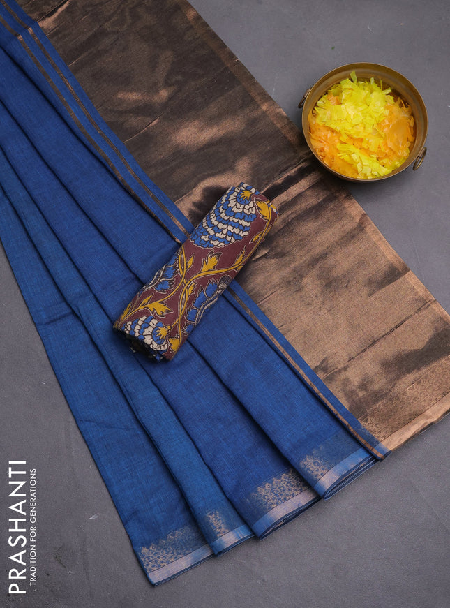 Bengal soft cotton saree cs blue and deep maoon with plain body and zari woven border