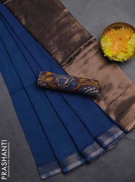 Bengal soft cotton saree peacock blue and maroon with plain body and zari woven border