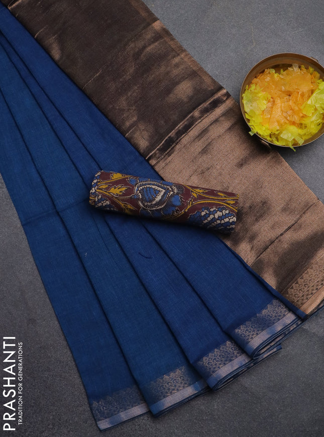 Bengal soft cotton saree peacock blue and maroon with plain body and zari woven border