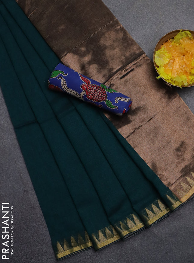 Bengal soft cotton saree peacock green and blue with plain body and zari woven border