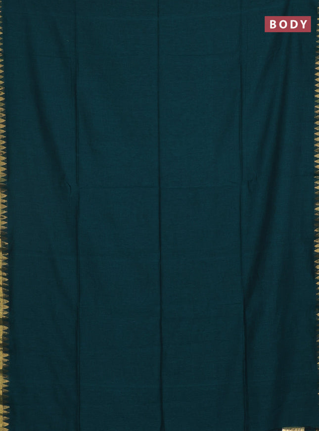 Bengal soft cotton saree peacock green and blue with plain body and zari woven border