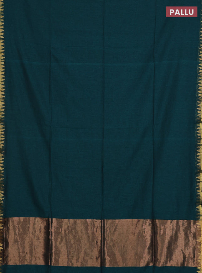Bengal soft cotton saree peacock green and blue with plain body and zari woven border