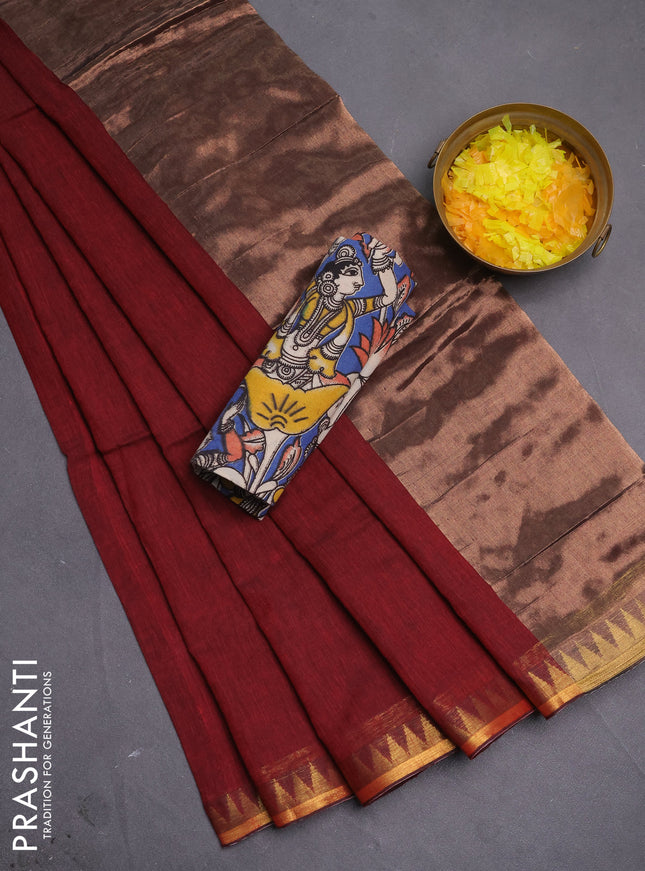 Bengal soft cotton saree maroon and blue with plain body and zari woven border