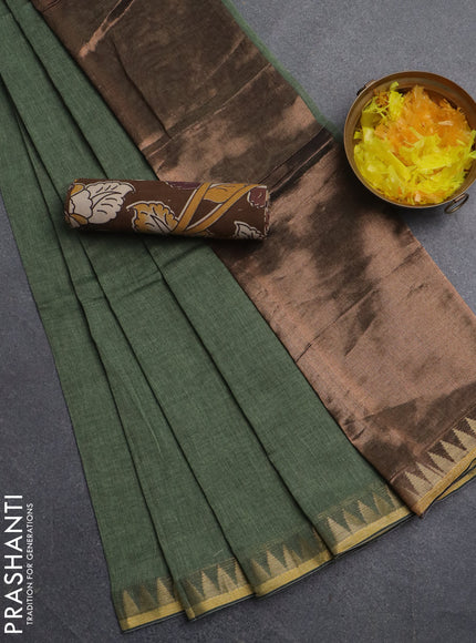 Bengal soft cotton saree green shade and brown with plain body and zari woven border
