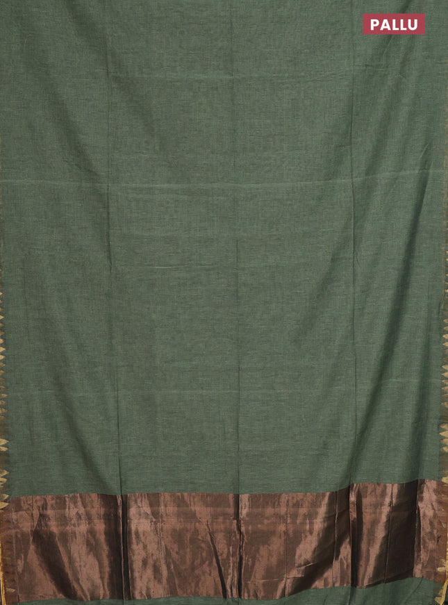 Bengal soft cotton saree green shade and brown with plain body and zari woven border