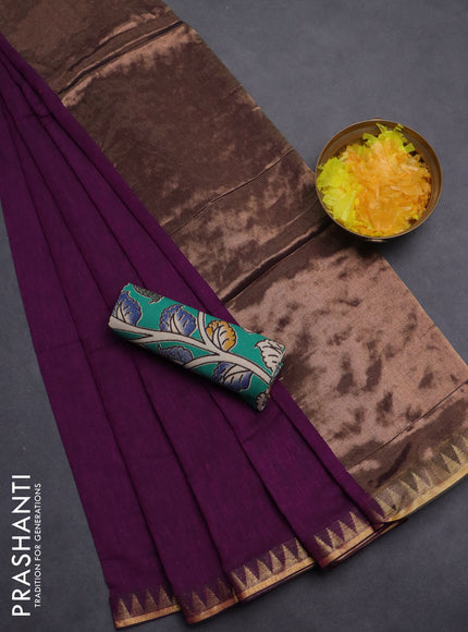 Bengal soft cotton saree purple with plain body and zari woven border