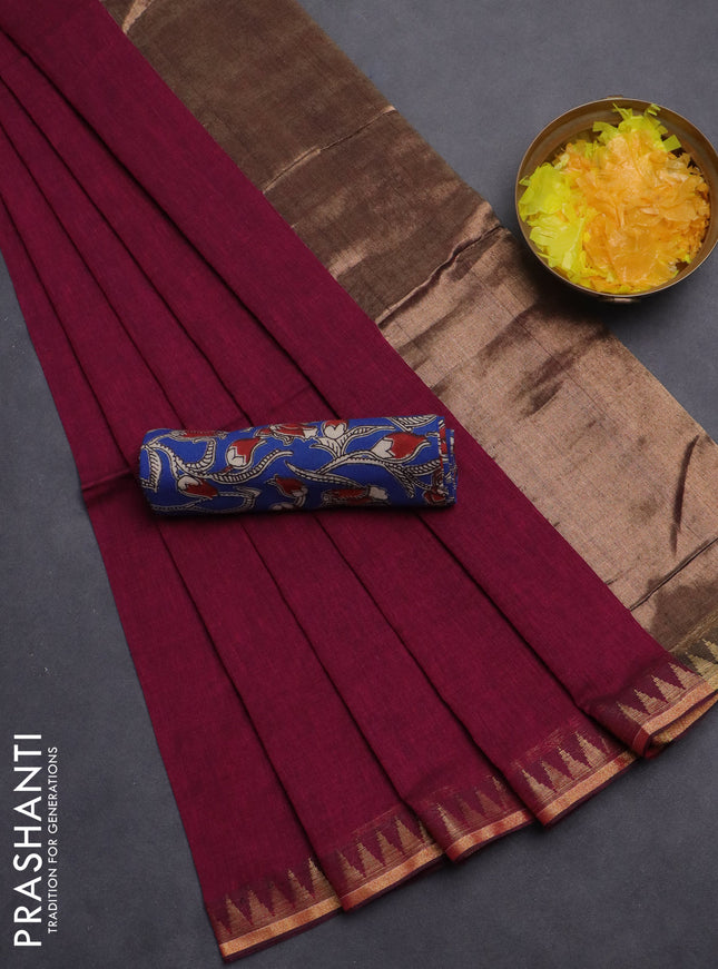 Bengal soft cotton saree magenta pink and blue with plain body and zari woven border