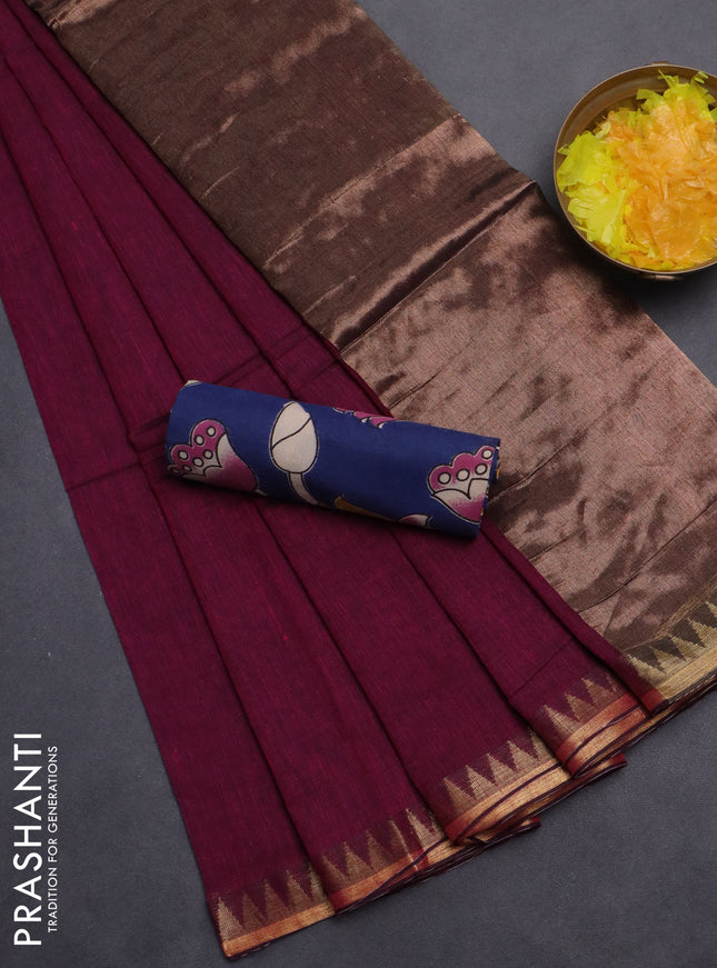 Bengal soft cotton saree magenta pink and blue with plain body and zari woven border