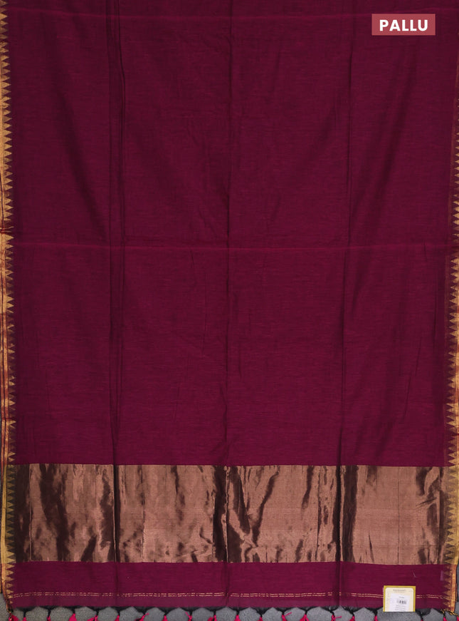 Bengal soft cotton saree magenta pink and blue with plain body and zari woven border