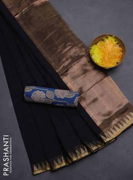 Bengal soft cotton saree black and cs blue with plain body and zari woven border