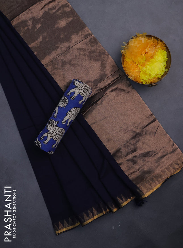 Bengal soft cotton saree navy blue and blue with plain body and zari woven border