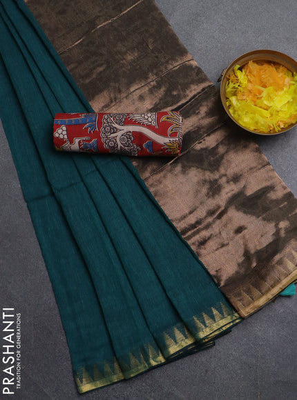 Bengal soft cotton saree teal green and red with plain body and zari woven border