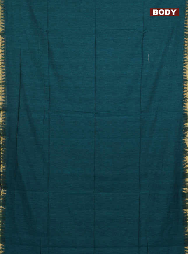 Bengal soft cotton saree teal green and red with plain body and zari woven border