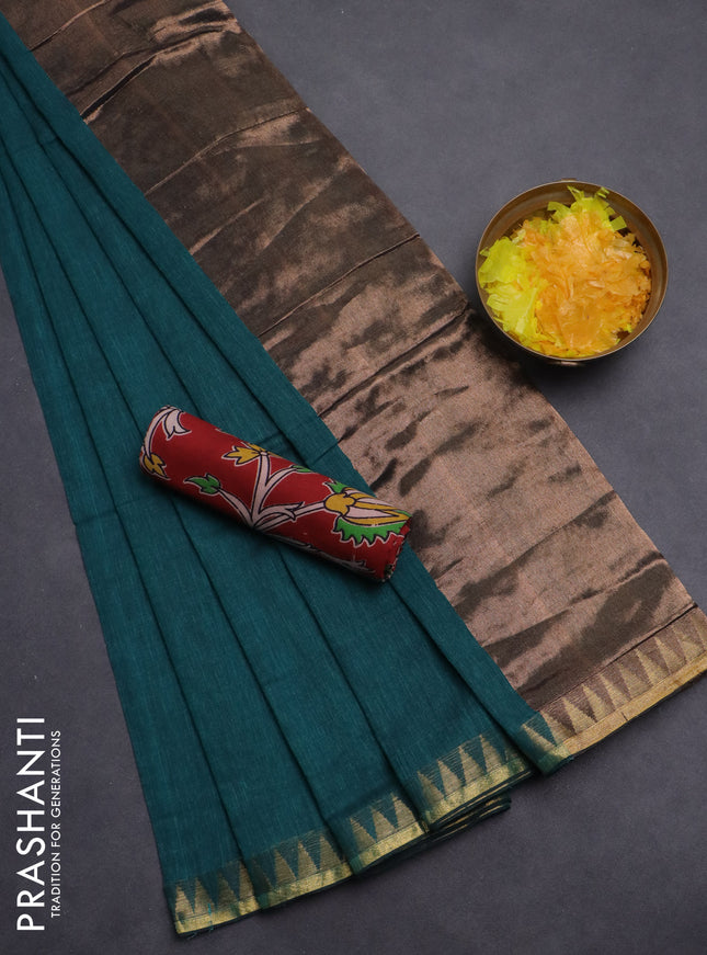 Bengal soft cotton saree teal green and maroon with plain body and zari woven border