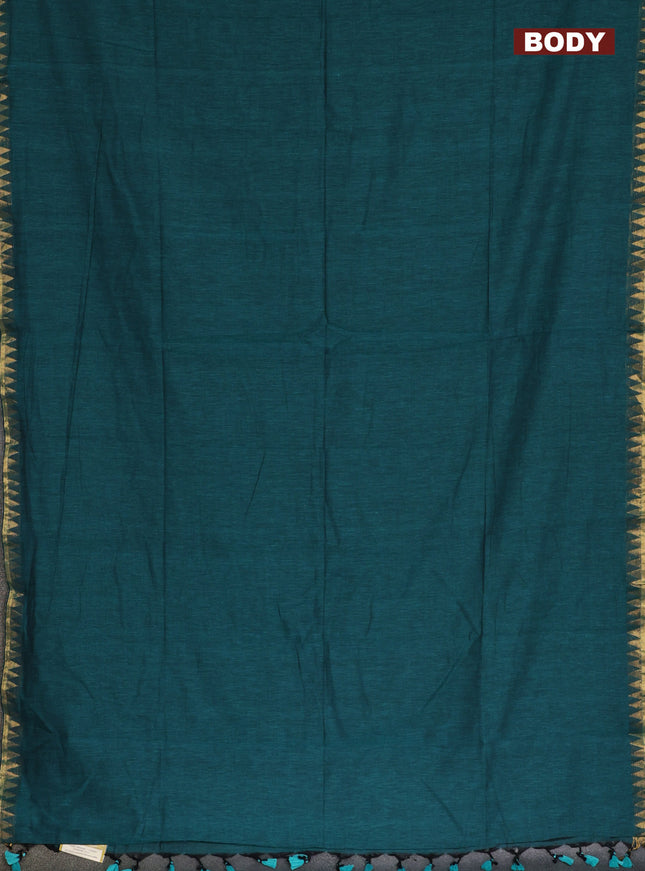 Bengal soft cotton saree teal green and maroon with plain body and zari woven border