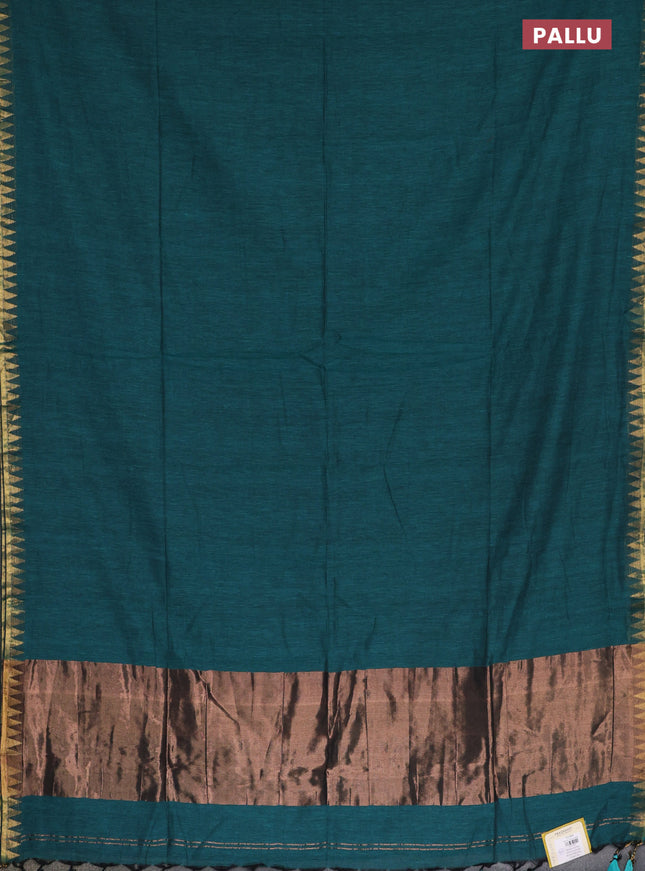 Bengal soft cotton saree teal green and maroon with plain body and zari woven border