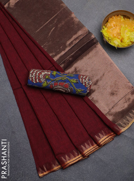 Bengal soft cotton saree maroon and blue with plain body and zari woven border