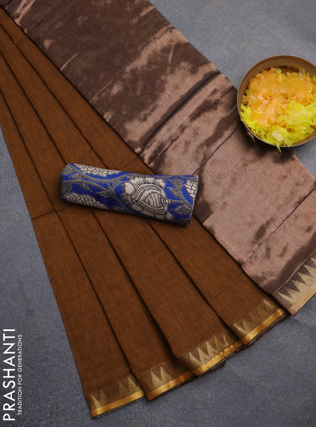 Bengal soft cotton saree dark mustard and blue with plain body and zari woven border