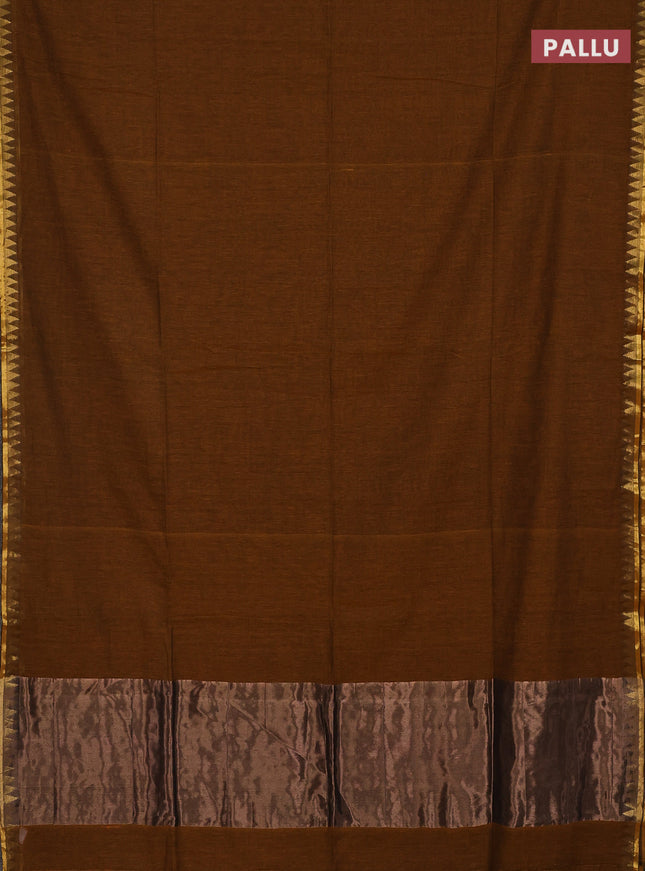 Bengal soft cotton saree dark mustard and blue with plain body and zari woven border