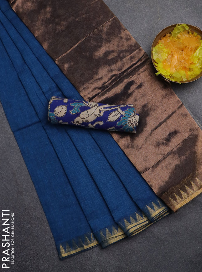 Bengal soft cotton saree cs blue and blue with plain body and zari woven border