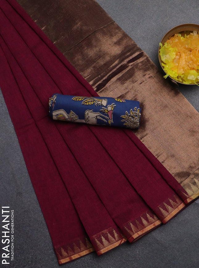 Bengal soft cotton saree magenta pink and peacock blue with plain body and zari woven border