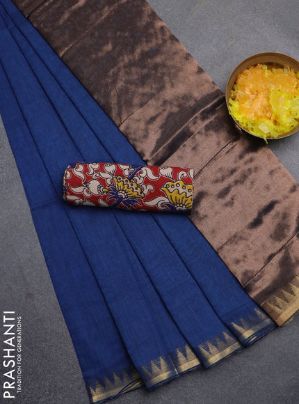 Bengal soft cotton saree peacock blue and maroon with plain body and zari woven border