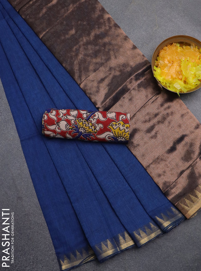 Bengal soft cotton saree peacock blue and maroon with plain body and zari woven border