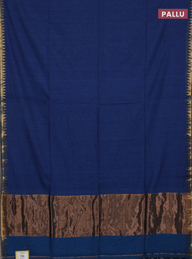 Bengal soft cotton saree peacock blue and maroon with plain body and zari woven border