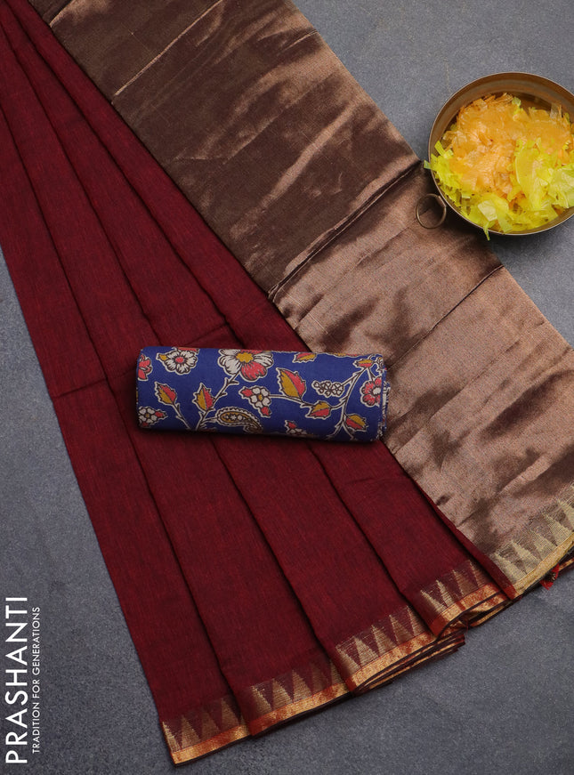 Bengal soft cotton saree maroon and blue with plain body and zari woven border